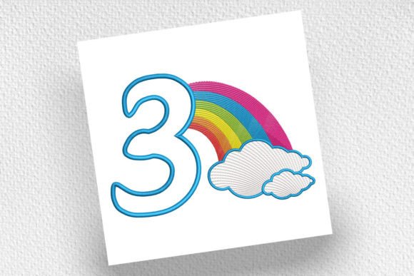 Cute Rainbow Birthday Number Three Embroidery