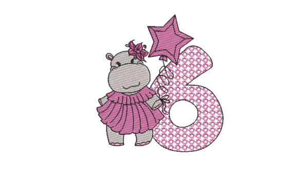 Number 6 Cute Hippo: A Charming Embroidery Design